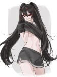  1girl abs black_hair black_shirt black_shorts covering_mouth hair_between_eyes hand_over_own_mouth highres long_hair lucia:_plume_(punishing:_gray_raven) lucia_(punishing:_gray_raven) multicolored_hair navel nellku24 punishing:_gray_raven red_eyes red_hair shirt short_sleeves shorts sidelocks solo streaked_hair twintails very_long_hair 