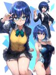  1girl :d absurdres adjusting_eyewear ahoge black_jacket black_one-piece_swimsuit blazer blue_eyes blue_hair bow bowtie breasts ciel_(tsukihime) cleavage closed_mouth commentary competition_swimsuit cowboy_shot ebora glasses green_bow green_bowtie grey_skirt hand_on_own_hip highres jacket large_breasts long_sleeves looking_at_viewer multiple_views nun one-piece_swimsuit open_clothes open_jacket open_mouth pleated_skirt short_hair skirt smile standing sweater_vest swimsuit thighs tsukihime winter_uniform yellow_sweater_vest 