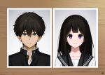  1boy 1girl artist_logo black_hair blush brown_hair chitanda_eru green_eyes hyouka kamiyama_high_school_uniform_(hyouka) long_hair long_sleeves looking_at_viewer mery_(yangmalgage) oreki_houtarou picture_(object) purple_eyes sailor_collar school_uniform serafuku shirt short_hair smile white_shirt 