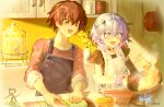  1boy 1girl :d apron black_apron black_gloves brown_eyes brown_hair brown_shirt commentary_request cutting_board elbow_gloves flower food fruit frying_pan gloves hair_between_eyes hair_over_shoulder holding holding_knife indoors knife lemon lemon_slice long_hair original saihate_(d3) shirt single_glove smile tile_wall tiles twitter_username upper_body yellow_flower 