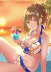  1girl arm_support bare_shoulders beach bikini blue_bikini blush braid breasts brown_eyes brown_hair chair cleavage closed_mouth collarbone cup drink drinking_straw earrings flower food front-tie_bikini_top front-tie_top fruit hair_ornament highres holding holding_cup idolmaster idolmaster_shiny_colors jewelry knee_up koukoku kuwayama_chiyuki large_breasts long_hair looking_at_viewer lounge_chair navel ocean orange_(fruit) orange_sky outdoors palm_tree pink_nails print_bikini red_flower sitting sky smile solo star_(symbol) star_earrings star_hair_ornament swimsuit tree tropical_drink twilight 