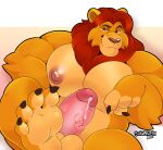  2023 4_fingers 4_toes anthro anthrofied areola artist_name balls barazoku biceps big_pecs bodily_fluids claws digital_media_(artwork) disney erection eyebrows feet felid finger_claws fingers foreskin fur genital_fluids genitals glans hi_res humanoid_genitalia humanoid_penis lion male mammal mane mufasa muscular muscular_anthro muscular_male nipples nude pantherine pecs penis precum retracted_foreskin schwarzfox smile soles solo tan_body tan_fur the_lion_king thick_penis toe_claws toes vein veiny_penis 