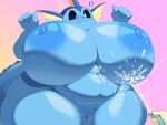  2023 absurd_res anthro areola arms_above_head belly big_breasts black_eyes blue_areola blue_body blue_nipples bodily_fluids breasts claws digital_drawing_(artwork) digital_media_(artwork) eeveelution emanata female fin generation_1_pokemon genitals glistening half-length_portrait head_fin hi_res hose huge_breasts huge_thighs low-angle_view navel nintendo nipples nude offscreen_character overweight overweight_anthro overweight_female plump_labia pokemon pokemon_(species) portrait pussy simple_background solo splash standing surprise sweat thick_thighs vaporeon water wide_hips x_no_na_x yosioka_san 