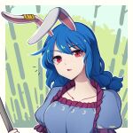  1girl animal_ears bamboo blue_hair breasts collarbone commentary english_commentary hair_between_eyes long_hair looking_at_viewer medium_breasts open_mouth outline puffy_short_sleeves puffy_sleeves rabbit_ears rabbit_girl red_eyes seiran_(touhou) short_sleeves solo speckticuls touhou triangle_mouth unfinished_dream_of_all_living_ghost white_outline 