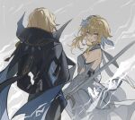  1boy 1girl black_cape black_pants blonde_hair breasts cape dainsleif_(genshin_impact) detached_sleeves dress flower genshin_impact hair_between_eyes highres holding holding_sword holding_weapon lofter_username lumine_(genshin_impact) pants parted_lips short_hair_with_long_locks simple_background small_breasts sword vidoakdame weapon white_dress white_flower yellow_eyes 