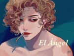  1boy bishounen blue_background brown_eyes carlos_robledo_puch cigarette copyright_name curly_hair el_angel_(film) highres kagoya1219 light_brown_hair lips looking_at_viewer male_focus portrait short_hair signature smoking solo topless_male 
