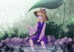  1girl absurdres animal_print blonde_hair brown_headwear commentary_request frog_print highres leaf_umbrella moriya_suwako nettian51 outdoors purple_skirt purple_vest rain rock shirt sidelocks sitting skirt socks solo touhou vest wading white_shirt white_socks yellow_eyes 