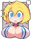  1girl alice_margatroid blonde_hair blue_eyes blush breasts cleavage commentary_request cookie_(touhou) empty_eyes hair_between_eyes hospital_king large_breasts long_bangs looking_down messy_hair open_mouth portrait short_hair solo touhou web_(cookie) 