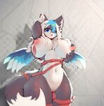  absurd_res anthro areola big_breasts black_body black_fur blue_eyes blue_hair breasts canid canine facial_markings female fox fur genitals hair head_markings hi_res holding_breast huge_breasts huge_thighs kemono looking_at_viewer mammal markings multicolored_body multicolored_fur multicolored_hair navel nipples nude pussy qavc solo standing tail thick_thighs white_body white_fur white_hair wide_hips 