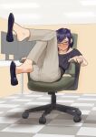  1girl a-chan_(hololive) absurdres aiharararara barefoot blue_bow blush bow chair collarbone computer english_commentary extreme_dangling feet feet_up full_body glasses grey_hair grey_pants hair_bow highres hololive indoors knees_together_feet_apart leaning_back leg_up looking_at_viewer medium_hair mixed-language_commentary monitor office_chair office_lady on_chair pants purple_footwear purple_hair purple_shirt shadow shirt shoe_dangle short_sleeves signature sitting soles solo swept_bangs swivel_chair tile_floor tiles toes virtual_youtuber 