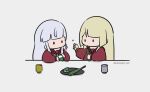  2girls assault_lily blonde_hair blunt_bangs brown_sailor_collar chibi cooking cup food grey_background grey_hair hair_ribbon hands_up highres holding holding_food kabayaki_(kabayaki_eel) kanba_girls_high_school_uniform kon_kanaho long_hair long_sleeves looking_at_another miyagawa_takane multiple_girls no_mouth plate purple_ribbon red_shirt ribbon sailor_collar school_uniform serafuku shirt simple_background solid_oval_eyes twitter_username yunomi zongzi 