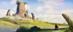  1other cloak cloud cloudy_sky commentary_request day fantasy field flower fog from_behind grass haru_akira highres landscape original outdoors red_cloak ruins scenery shadow sky solo standing wide_shot yellow_flower 