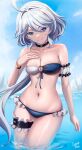  1girl absurdres ahoge bandeau bare_shoulders bikini black_choker blue_eyes blue_sky bracelet caiman_pool choker cloud collarbone commentary day furina_(genshin_impact) genshin_impact highres jewelry looking_at_viewer navel no_headwear short_hair sky smile solo stomach strapless strapless_bikini swimsuit thighs wading water white_hair 