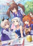  6+girls animal_ears bamboo_memory_(umamusume) bench closed_eyes commentary_request curren_chan_(umamusume) food food_in_mouth hair_between_eyes hair_ornament highres hishi_akebono_(umamusume) hishi_miracle_(umamusume) horse_ears horse_tail juice_box long_hair magazine_(object) mayano_top_gun_(umamusume) medium_hair multiple_girls nabe_puyo orange_hair pocky school_swimsuit searching swimsuit table tail tree twintails umamusume window yaeno_muteki_(umamusume) 