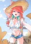  1girl bird breasts chicken choker cleavage cloud earrings feather_earrings feathers gurumie hat highres hololive hololive_english jewelry kfp_employee_(takanashi_kiara) long_hair looking_at_viewer multicolored_hair open_mouth outdoors sky solo straw_hat streaked_hair takanashi_kiara virtual_youtuber 