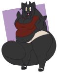  2022 5_fingers allyson_(dewwydarts) anthro belly big_belly big_breasts black_body black_fur black_hair bottomwear breasts chibi cleavage clothed clothing dewwydarts domestic_cat felid feline felis female fingers footwear fur hair hi_res huge_thighs long_hair looking_at_viewer mammal navel open_mouth overweight overweight_anthro overweight_female red_clothing red_shirt red_topwear sandals shirt shorts simple_background solo standing tan_bottomwear tan_clothing tan_shorts thick_thighs topwear wide_hips yellow_eyes 