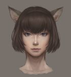  1girl animal_ears artist_name avatar_(ff11) blue_eyes brown_hair cactus41747280 cat_ears cat_girl closed_mouth eyelashes final_fantasy final_fantasy_xi gradient_background highres looking_at_viewer mithra_(ff11) nose pink_lips portrait realistic short_hair solo 