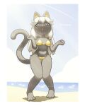  2023 anthro artist_name beach bikini blush clothed clothing cloud day detailed_background digital_media_(artwork) domestic_cat felid feline felis female fur grey_body grey_fur hair hi_res looking_at_viewer mammal open_mouth open_smile outside rolo_stuff sand sea seaside sky smile solo swimwear tail water white_hair 