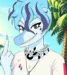  anonymous_artist anthro big_breasts blue_body blue_hair breasts dinosaur female gesture goodbye_volcano_high hair happy hi_res long_nails middle_finger nails nick_(gvh) piercing punk reptile scalie sharp_nails sharp_teeth short_hair smile solo tattoo teeth 