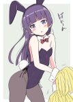  1girl animal_ears black_hair black_leotard black_pantyhose blunt_bangs bow bowtie breasts bunny_day contrapposto detached_collar gradient_background hime_cut holding holding_pom_poms leotard looking_at_viewer mole mole_under_eye ore_no_imouto_ga_konna_ni_kawaii_wake_ga_nai pantyhose playboy_bunny pom_pom_(cheerleading) purple_eyes rabbit_ears rabbit_tail red_bow red_bowtie side-tie_leotard small_breasts solo standing tail takatsuki_akira two-tone_background wrist_cuffs 