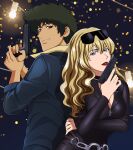  1boy 1girl back-to-back blonde_hair blue_eyes brown_eyes cowboy_bebop curly_hair eyewear_on_head eyewear_removed formal green_hair gun highres holding holding_gun holding_weapon julia_(cowboy_bebop) lipstick long_hair looking_at_viewer makeup poleekorn short_hair smile spike_spiegel spiked_hair suit sunglasses weapon 