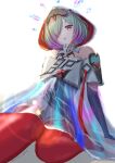 1girl bare_shoulders breasts brown_eyes circlet dress fire_emblem fire_emblem_heroes hair_over_one_eye highres hood kvasir_(fire_emblem) looking_at_viewer matoimangekyo multicolored_hair open_mouth red_thighhighs see-through see-through_dress short_hair sitting skirt small_breasts solo thighhighs white_skirt 