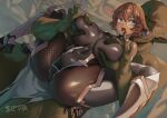  1girl ass bare_shoulders blue_eyes blush bodysuit breasts cameltoe colored_skin covered_navel fishnets green_skin huge_breasts igawa_sakura imminent_rape impossible_bodysuit impossible_clothes ninja open_mouth orange_hair orc pointy_ears short_hair skin_tight solo_focus spread_legs taimanin_(series) taimanin_asagi taimanin_asagi_2 taimanin_suit tamada_heijun 