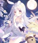  1girl animal_ears bare_shoulders blush brown_eyes building bunny_day cloud collarbone commentary_request dango eating food full_moon grey_hair hair_between_eyes hands_up holding holding_food japanese_clothes kimono long_hair long_sleeves looking_at_viewer moon night night_sky off_shoulder original outdoors rabbit_ears shiratama_(shiratamaco) signature sky solo star_(sky) starry_sky upper_body very_long_hair wagashi white_kimono wide_sleeves 