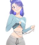  1girl absurdres adomiwan aoi_(adomiwan) blue_eyes blue_hair blue_shirt breasts clothes_lift collarbone commentary cowboy_shot fang grey_pants highres long_hair long_sleeves measuring medium_breasts midriff navel original pants shirt shirt_lift simple_background skin_fang smile solo stomach sweatpants tape_measure teeth waist_measuring white_background 