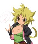  1girl beyblade black_gloves blonde_hair breasts closed_mouth fingerless_gloves gloves kaidou_zx kurenai_ren long_hair looking_at_viewer medium_breasts metal_fight_beyblade metal_fight_beyblade_zero_g nipples orange_eyes simple_background smile solo 