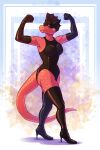  anthro armwear big_breasts breasts clothing elbow_gloves female flexing footwear frill_(anatomy) gloves handwear hi_res high_heels legwear leo-artis leotard looking_at_viewer mask non-mammal_breasts red_body red_scales reptile rubber rubber_clothing scales scalie simple_background solo tail thigh_highs tight_clothing 