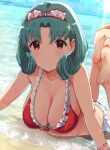  1girl barefoot bikini breasts brown_eyes cleavage curly_hair dutch_angle frilled_bikini frills green_hair hairband highres idolmaster idolmaster_million_live! large_breasts looking_at_viewer lying ocean on_stomach red_bikini shallow_water solo swimsuit tetsujin_momoko tokugawa_matsuri water wet 