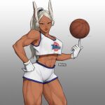  1girl abs animal_ears ball basketball_(object) boku_no_hero_academia breikka cosplay dark_skin gloves hand_on_own_hip lola_bunny long_eyelashes long_hair looking_at_viewer mirko muscular muscular_female rabbit_ears rabbit_girl red_eyes shorts signature solo space_jam tank_top toned white_gloves white_hair 