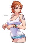  1girl aosora2823 armpit_crease artist_name blue_shorts blush bracelet breasts brown_eyes cleavage commentary_request half_updo highres jewelry large_breasts nami_(one_piece) one_piece orange_hair shirt short_hair short_shorts shorts simple_background sleeveless sleeveless_shirt solo tank_top tattoo white_background white_shirt white_tank_top 