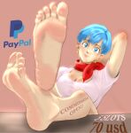  absurdres bare_legs barefoot bulma danielleshh dragon_ball feet feet_on_table feet_up foot_focus highres self-upload sitting soles solo_focus toes 