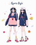 2girls :o ankle_socks apple banana baseball_cap black_eyes black_hair blue_hair blue_hoodie blue_sleeves blue_socks blush_stickers clenched_hand cross-laced_footwear earrings english_text food fruit full_body hand_in_own_hair hat heart highres hood hood_down hoodie hoop_earrings jewelry long_hair long_sleeves multicolored_hair multiple_girls open_mouth orange_(fruit) original oversized_clothes pink_footwear pink_sleeves pink_sweater polka_dot_socks putong_xiao_gou shoes sleeves_past_fingers sleeves_past_wrists sneakers socks sparkle sportswear stopwatch stopwatch_around_neck straight_hair striped_sleeves sweater two-tone_hair two-tone_sleeves white_background white_footwear white_headwear yellow_socks 