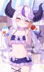  1girl :t ^_^ absurdres ahoge bare_arms bare_shoulders bikini blurry blurry_background blush breasts candy_apple closed_eyes closed_mouth collarbone commentary_request cup demon_horns depth_of_field disposable_cup eating facing_viewer flower food grey_hair hair_between_eyes hair_flower hair_ornament hairclip highres holding holding_cup holding_food hololive horns hot_dog kooribata la+_darknesss long_hair low_twintails masaki_(msk064) multicolored_hair navel purple_bikini purple_flower purple_hair ringlets shaved_ice small_breasts solo streaked_hair swimsuit twintails very_long_hair virtual_youtuber wavy_mouth 