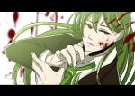  1boy black_jacket blood blood_on_face brown_eyes collared_shirt commentary_request eyebrow_cut green_hair green_nails green_necktie highres jacket lobotomy_corporation long_hair long_sleeves male_focus necktie netzach_(project_moon) open_mouth project_moon sakuya_996 shirt solo white_shirt 