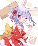  1girl animal_ear_fluff blue_hair blush eating hair_ornament highres holding hololive japanese_clothes kimono looking_at_viewer mizumizu_(phoenix) multicolored_hair rabbit rabbit-shaped_pupils red_eyes red_kimono shark_girl solo symbol-shaped_pupils usada_pekora virtual_youtuber white_hair 