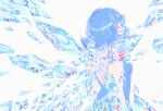  1girl abstract adapted_costume backless_dress backless_outfit blue_dress breasts cirno cirno_day closed_eyes dress from_behind highres ice ice_wings loftyanchor short_hair small_breasts solo touhou upper_body white_background wings 