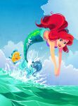  1girl ariel_(disney) blue_eyes blue_sky cloud fish flounder_(the_little_mermaid) kuitsuku long_hair mermaid monster_girl open_mouth outdoors red_hair red_lips shell shell_bikini sky splashing teeth the_little_mermaid upper_teeth_only water 