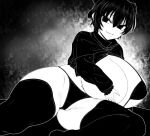  1girl bikini bow breasts cleavage cloak commentary_request covering covering_breasts curvy gigantic_breasts greyscale hair_bow haseru_(ginku_mh) long_sleeves looking_at_viewer monochrome navel panties parted_lips sekibanki short_hair solo swimsuit thighhighs touhou underwear 
