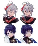  2boys blue_eyes closed_eyes closed_mouth cropped_shoulders crossed_bangs genshin_impact grey_hair grin hair_between_eyes highres japanese_clothes kaedehara_kazuha looking_at_viewer male_focus mandarin_collar multicolored_hair multiple_boys multiple_views oshi_taberu purple_hair red_eyes red_hair scaramouche_(genshin_impact) simple_background smile streaked_hair tongue tongue_out wanderer_(genshin_impact) white_background 