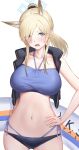  1girl :o absurdres animal_ear_fluff animal_ears bikini black_vest blonde_hair blue_archive blue_bikini blush breasts collarbone fox_ears hair_over_one_eye halo hand_on_own_hip highres innertube kanna_(blue_archive) large_breasts looking_at_viewer navel onuj2$ parted_bangs ponytail sharp_teeth side-tie_bikini_bottom simple_background solo swimsuit teeth vest white_background 