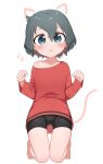  1girl absurdres animal_ears barefoot bike_shorts black_hair black_shorts blue_eyes blush cat_ears cat_tail chis_(js60216) commentary drawn_ears drawn_tail flying_sweatdrops full_body highres kaban_(kemono_friends) kemono_friends kneeling long_sleeves looking_at_viewer off_shoulder parted_lips paw_pose red_shirt shirt short_hair short_shorts shorts solo tail thigh_gap 