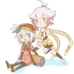  2girls blue_eyes blush brown_headwear multiple_girls pink_hair pratty purple_eyes short_hair simple_background sitting smile sugarette summon_night summon_night_swordcraft_story tachibana two_side_up white_background white_hair 