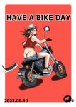  1girl ass bikini black_gloves brown_hair cat dated english_text gloves helmet long_hair looking_at_viewer looking_back midriff motor_vehicle motorcycle original q98780409 red_background red_shirt red_socks shirt shoes short_shorts shorts sneakers socks swimsuit thong_bikini 