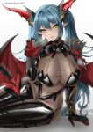  1girl armor artist_name azur_lane blue_hair bodystocking breasts claw_pose claws closed_mouth dragon_horns dragon_tail dragon_wings gold_trim hair_between_eyes hair_intakes hand_up highres horns large_breasts long_hair looking_at_viewer mechanical_horns mechanical_tail patreon_username pointy_ears regensburg_(azur_lane) revision ryuuneart shadow shoulder_armor signature simple_background sitting slit_pupils smile solo spikes tail thighhighs twintails v-shaped_eyebrows very_long_hair watermark white_background wings yellow_eyes 