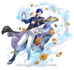  1boy :d ascot black_footwear black_vest blue_ascot blue_eyes blue_hair blue_jacket boots checkerboard_cookie commentary_request cookie cup fire_emblem fire_emblem:_genealogy_of_the_holy_war fire_emblem_heroes food full_body gloves holding holding_teapot holding_tray jacket long_sleeves male_focus official_alternate_costume official_art open_mouth pants short_hair sigurd_(fire_emblem) simple_background smile solo standing suzuki_rika teacup teapot tray vest white_background white_gloves white_pants 