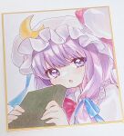  1girl book commentary crescent crescent_pin hat highres holding holding_book long_hair looking_at_viewer mob_cap moni_monico open_mouth patchouli_knowledge purple_eyes purple_hair sidelocks solo touhou traditional_media upper_body white_headwear 